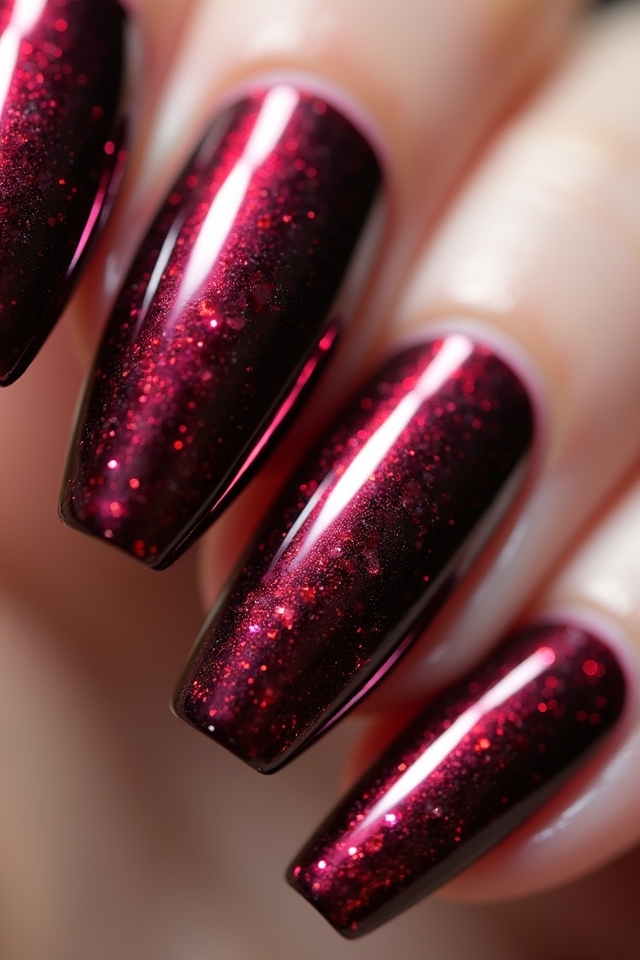 burgundy glitter chrome nails
