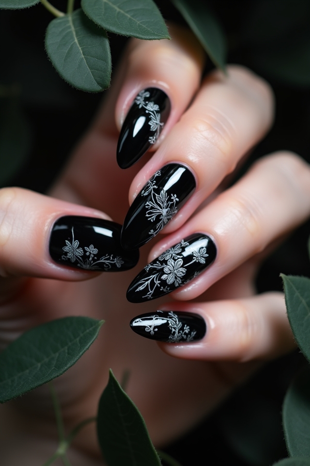 elegant black floral nails
