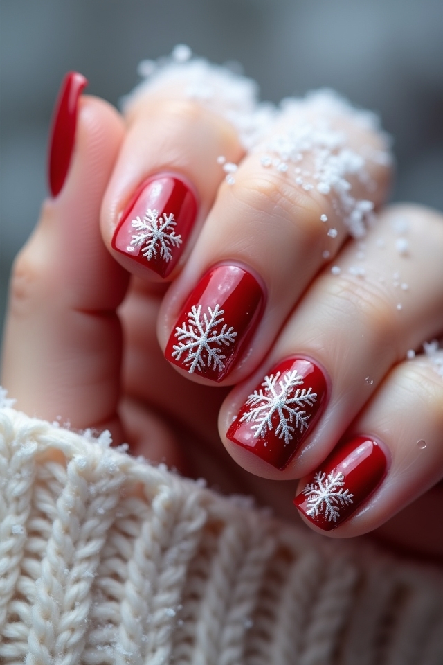 festive red snowflake nails