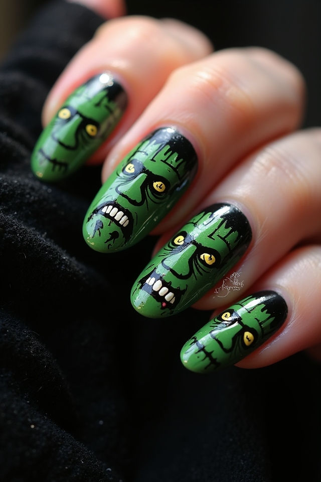 frankenstein themed playful nail art