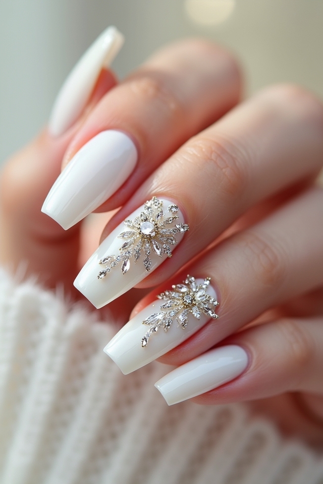 glamorous white rhinestone nails