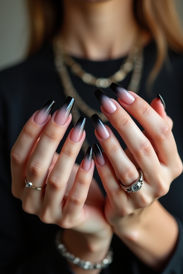 glossy black ombre nails