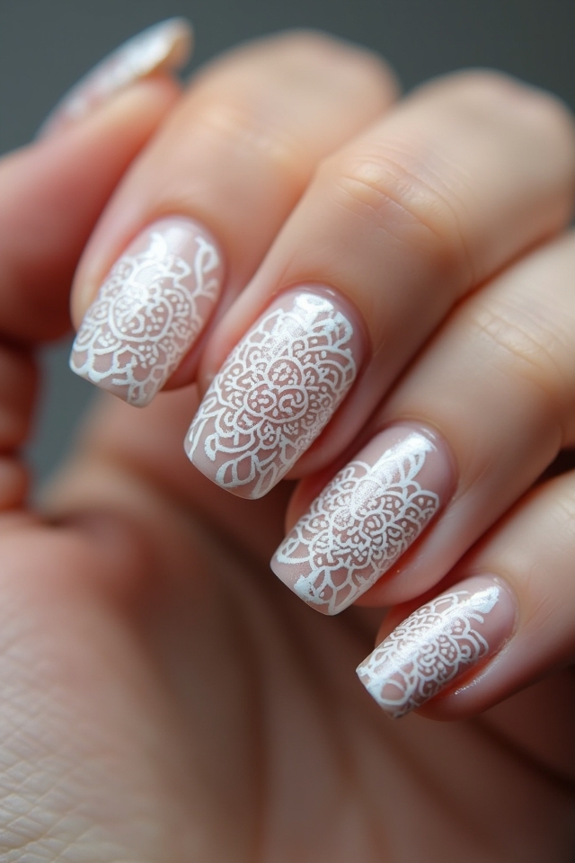 intricate white mandala nails