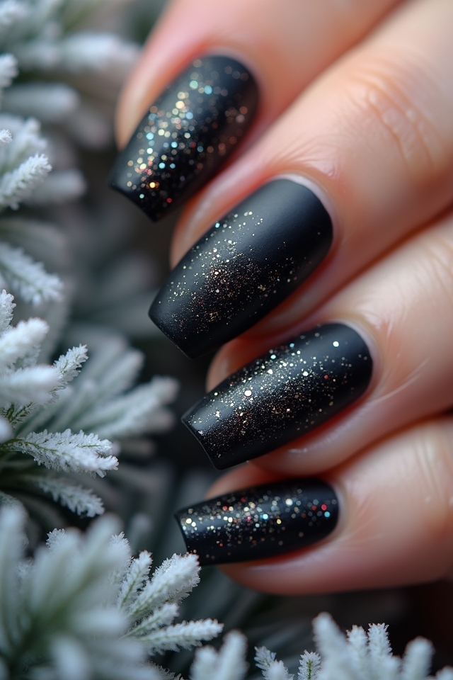 matte black glitter nails