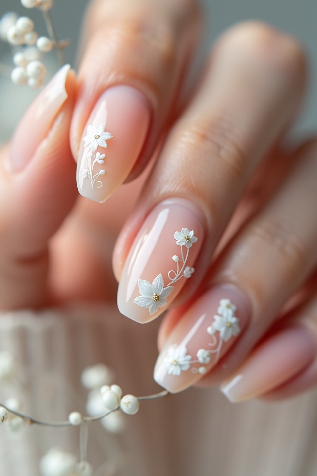 nude nails with floral art