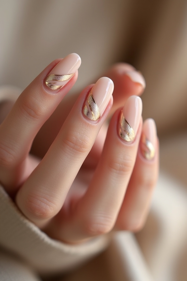 nude nails with metallic stripes