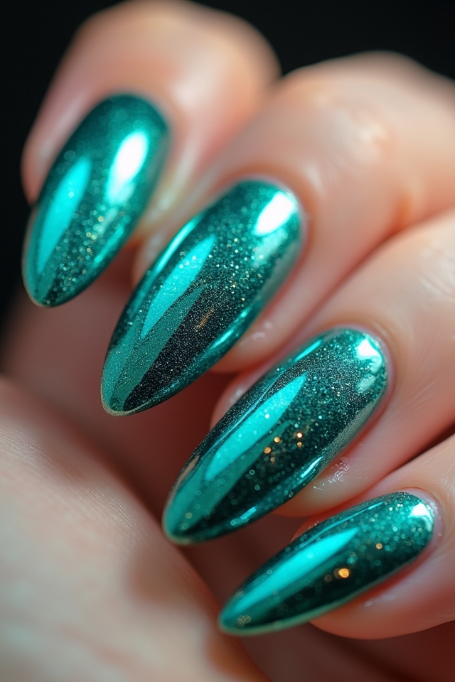 sparkling teal chrome nails