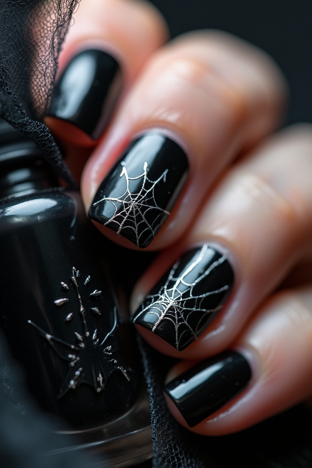 spooky black spider web nails