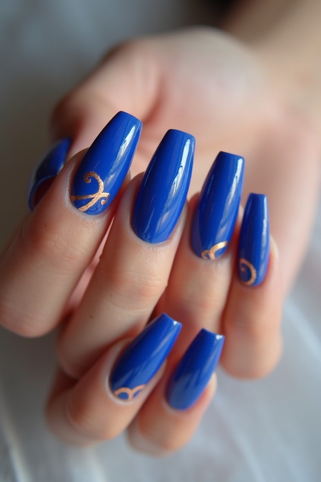 vibrant blue gold nails