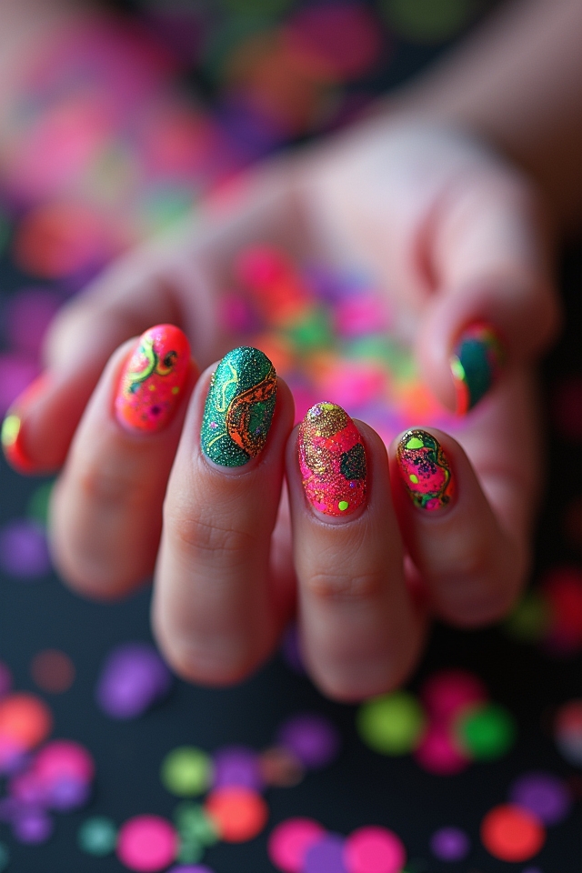 vibrant neon birthday manicure