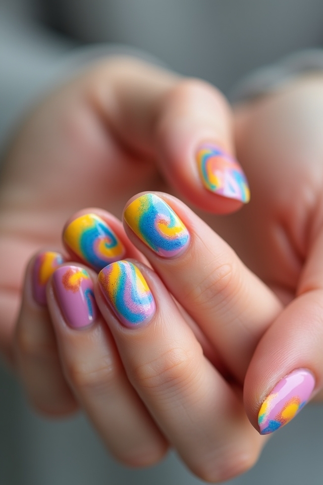 vibrant rainbow swirl nails