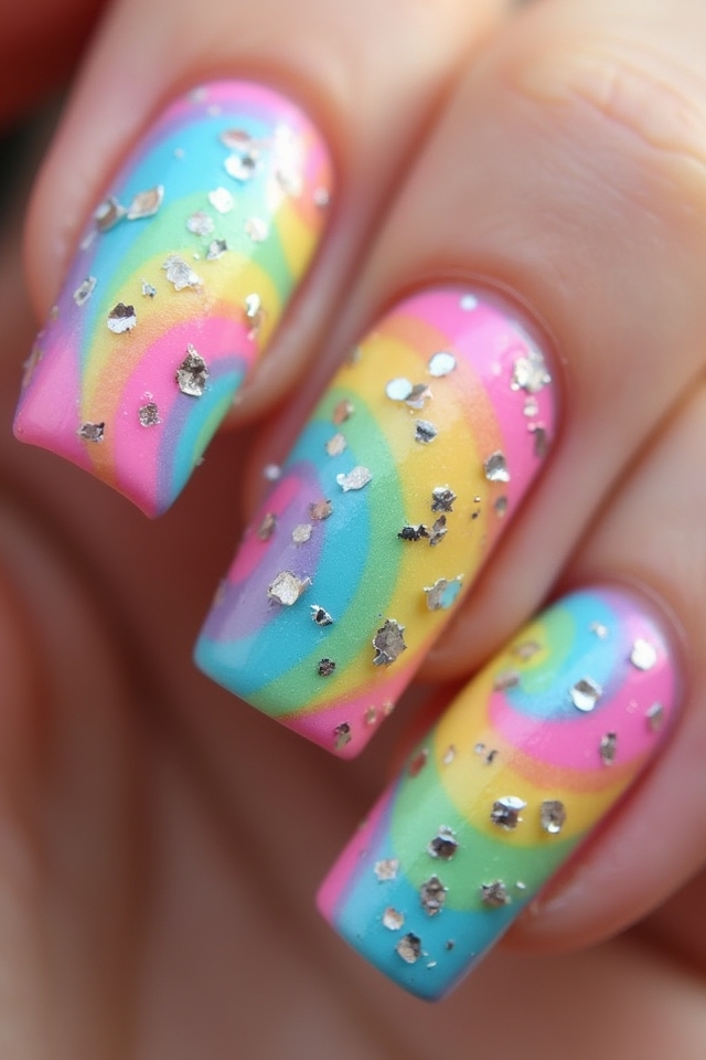 vibrant rainbow swirl nails