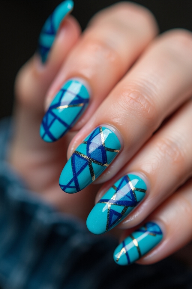 vibrant turquoise geometric nail art