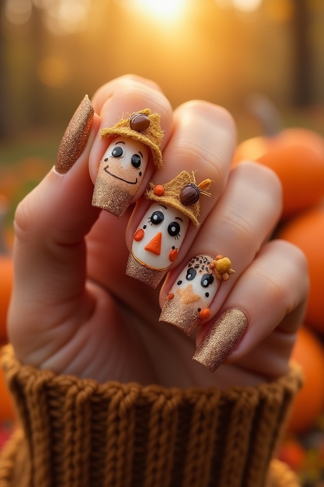 whimsical autumn scarecrow nails