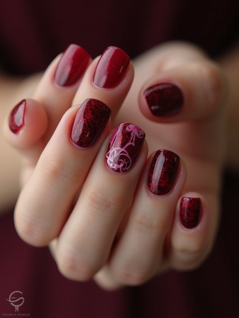artistic deep red nails