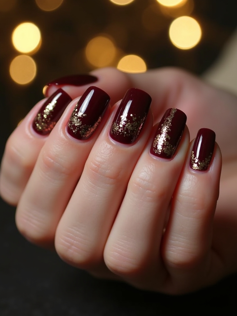 burgundy nails with gold foil