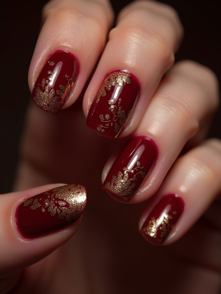 dark red gold foil nails