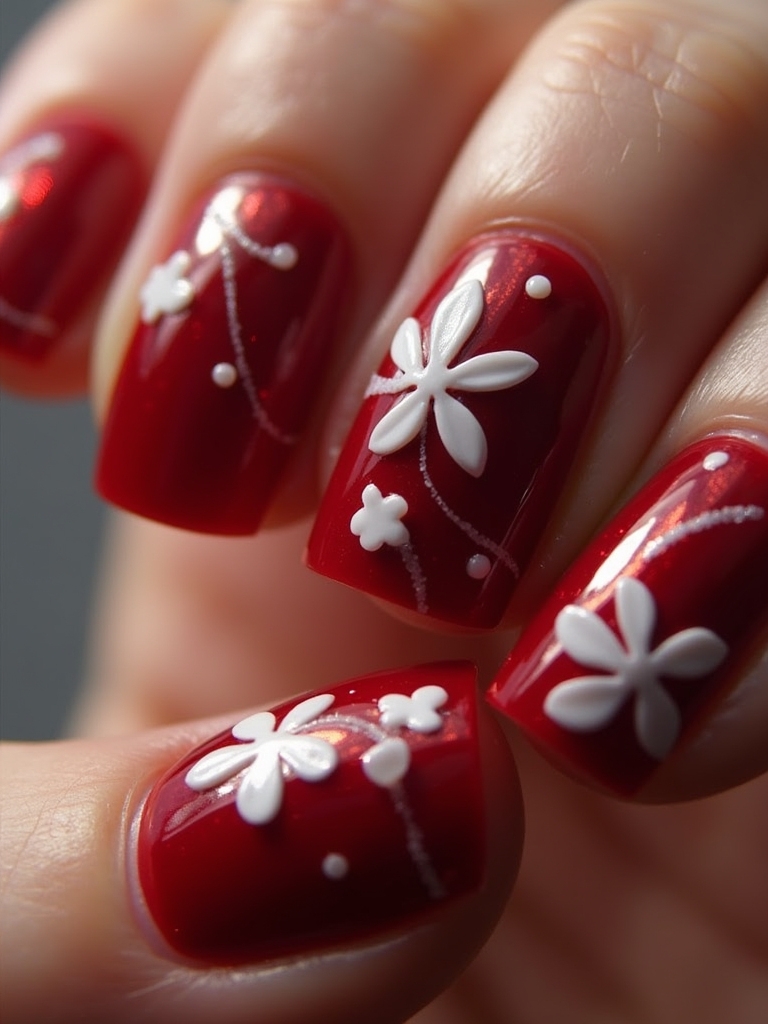 elegant dark red floral nails