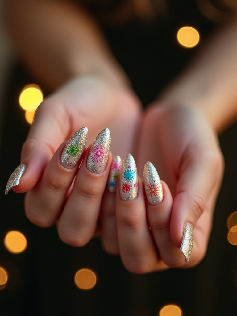 festive cartoon fireworks nails