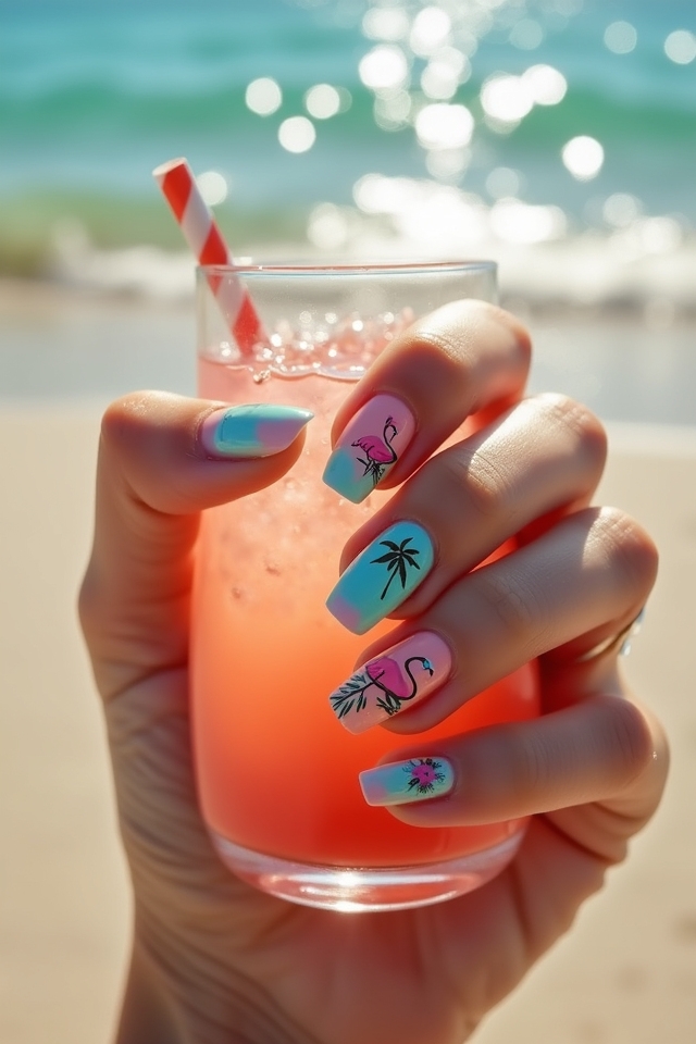 flamingo inspired summer nail art