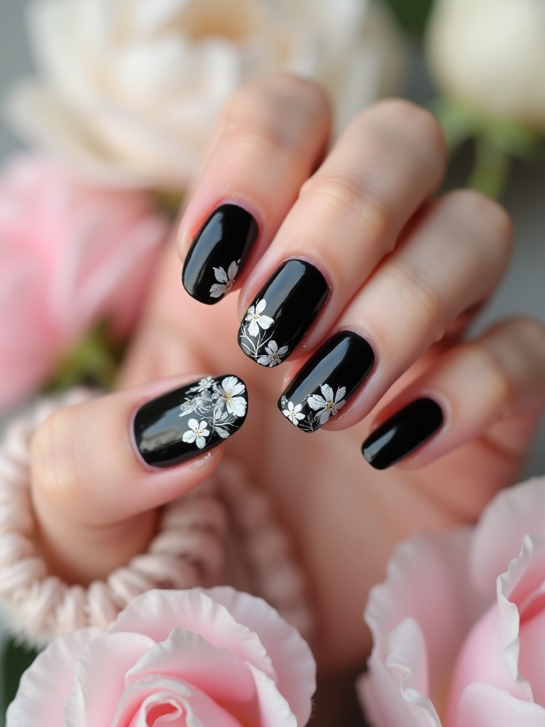 floral black tip manicure