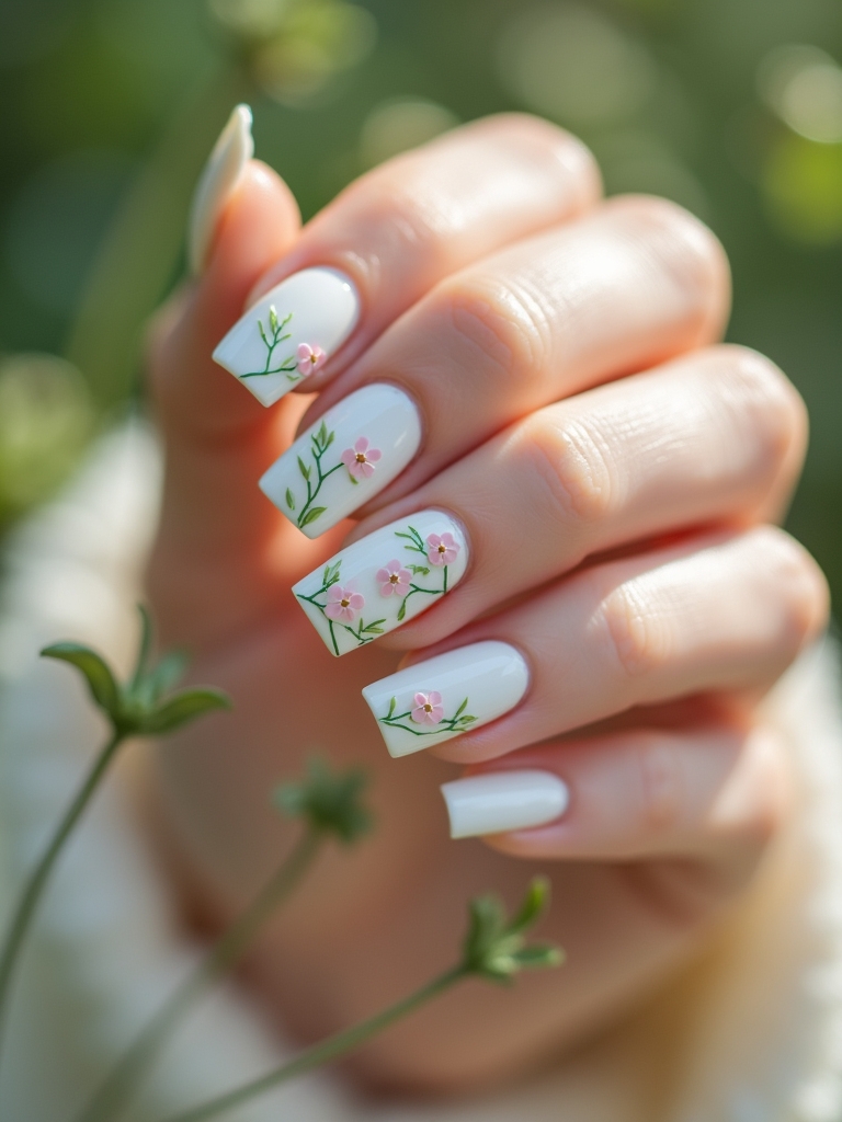 floral milky white manicure