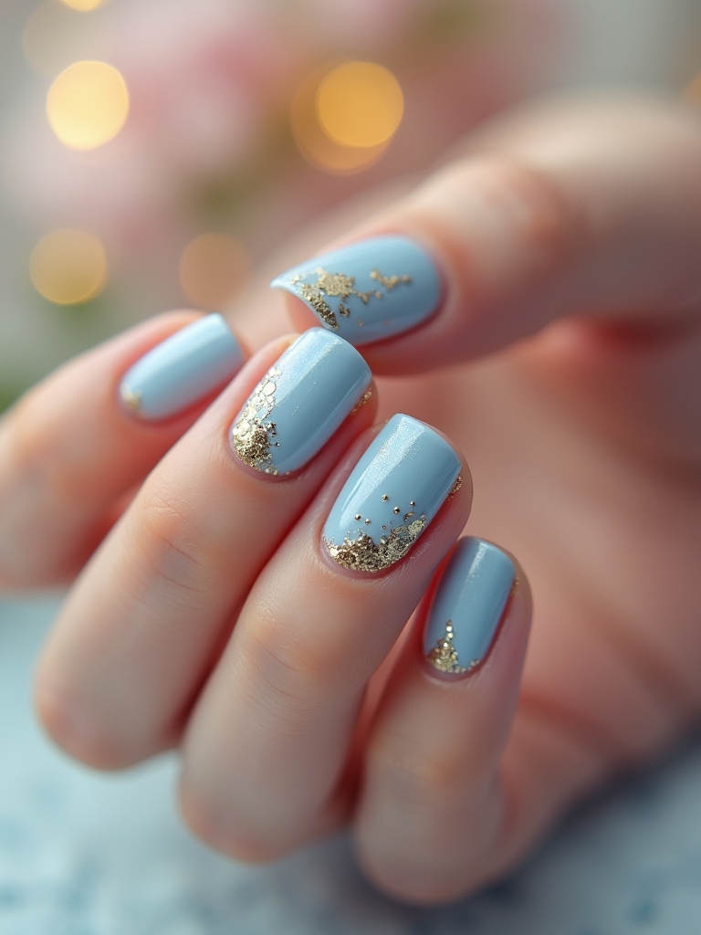 gold foil soft blue manicure