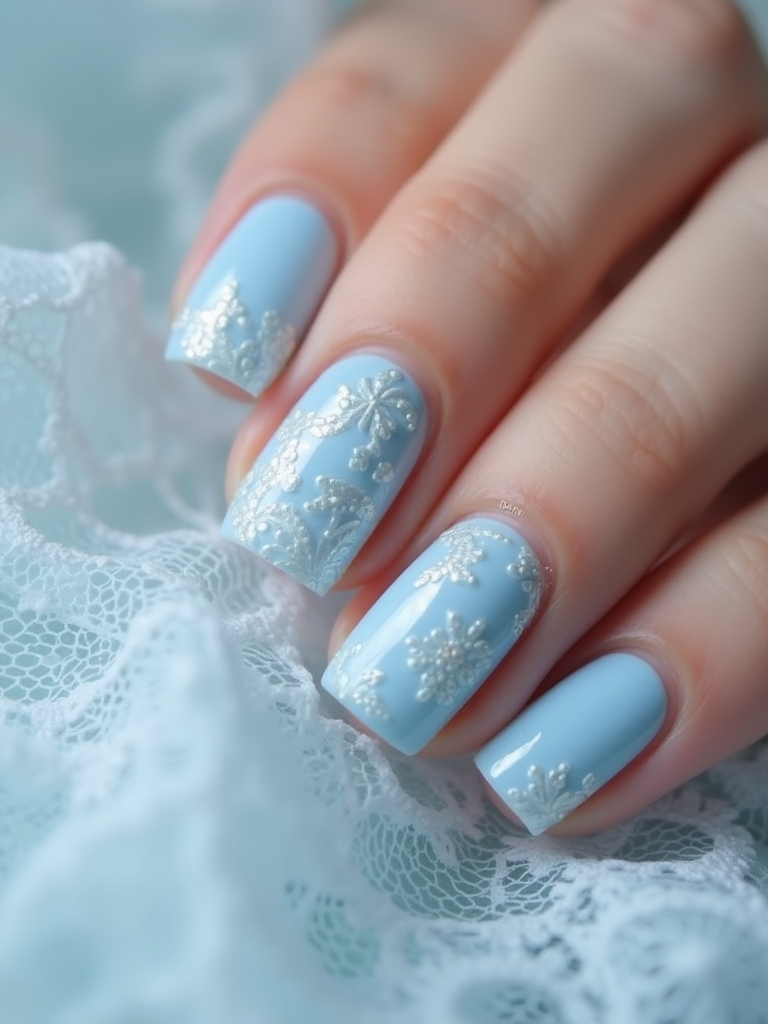 lace accented soft blue nails