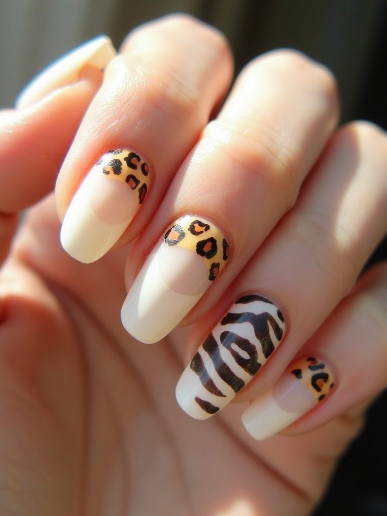 milky nails with animal print