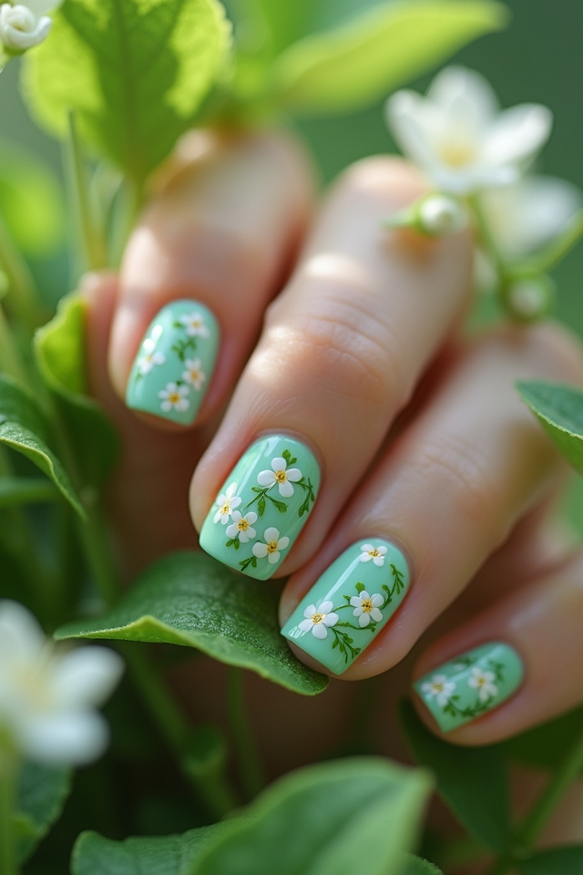 mint floral nail art