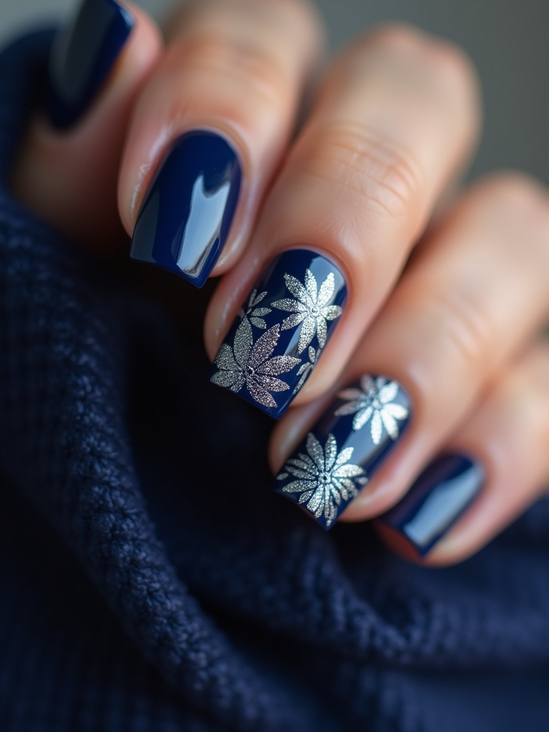 navy blue floral nail designs