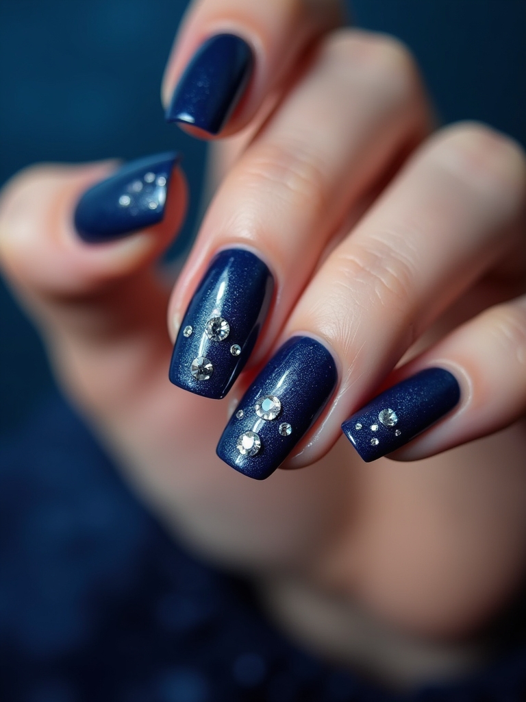 navy blue rhinestone nails