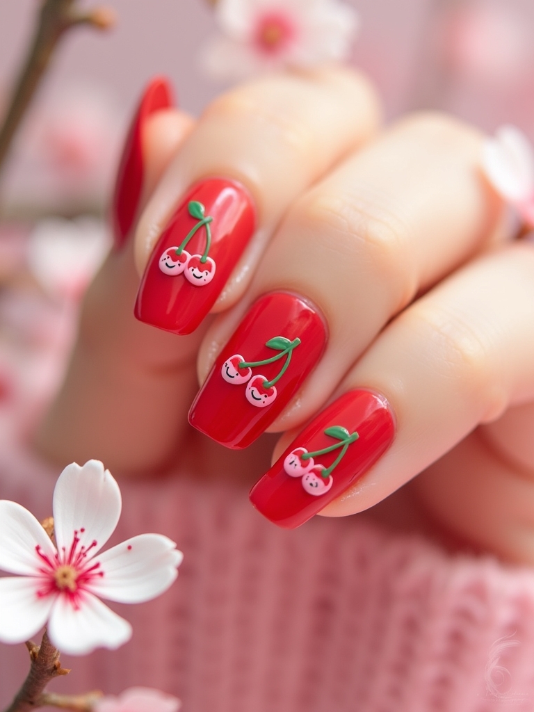 playful cartoon cherry nails