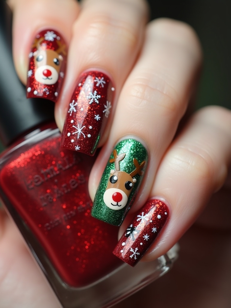 playful reindeer holiday nails
