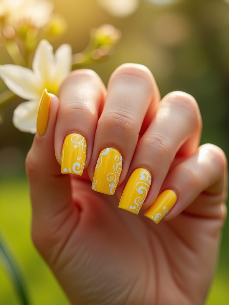 playful yellow swirl nails