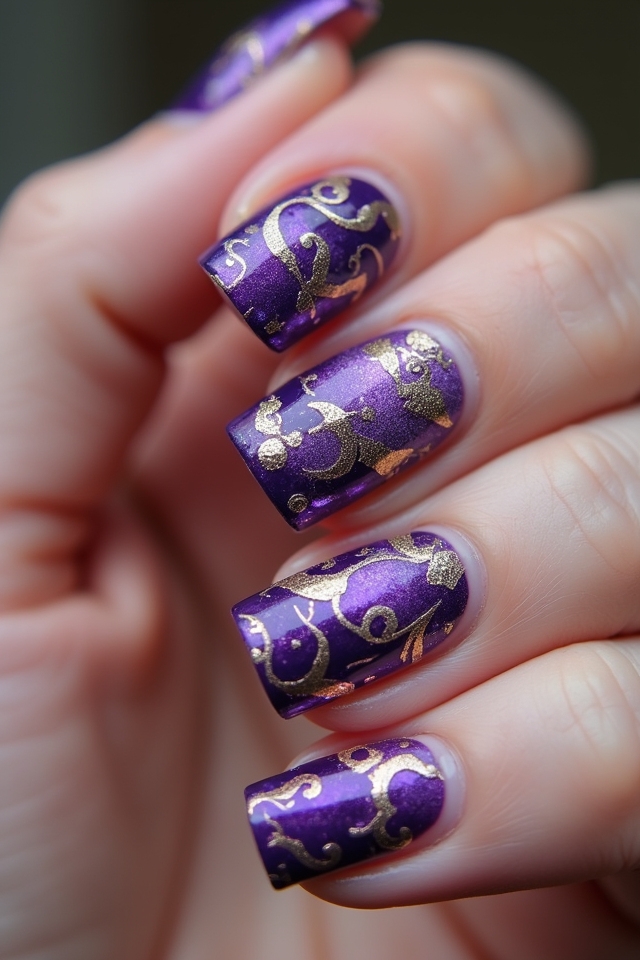 purple gold foil nails