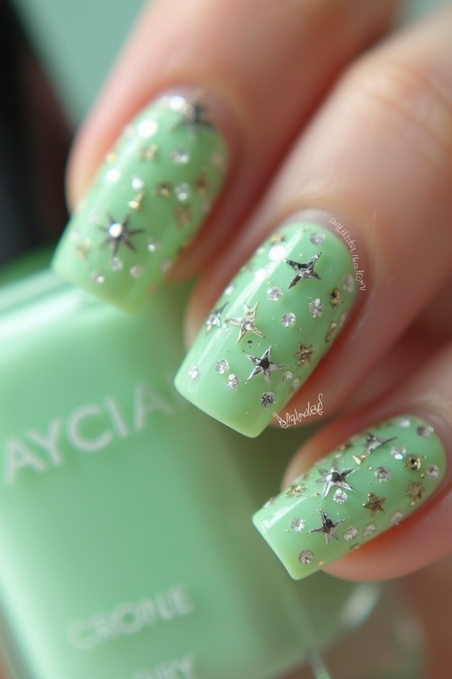 rhinestone adorned light green nails