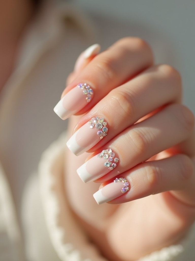rhinestone adorned milky nails