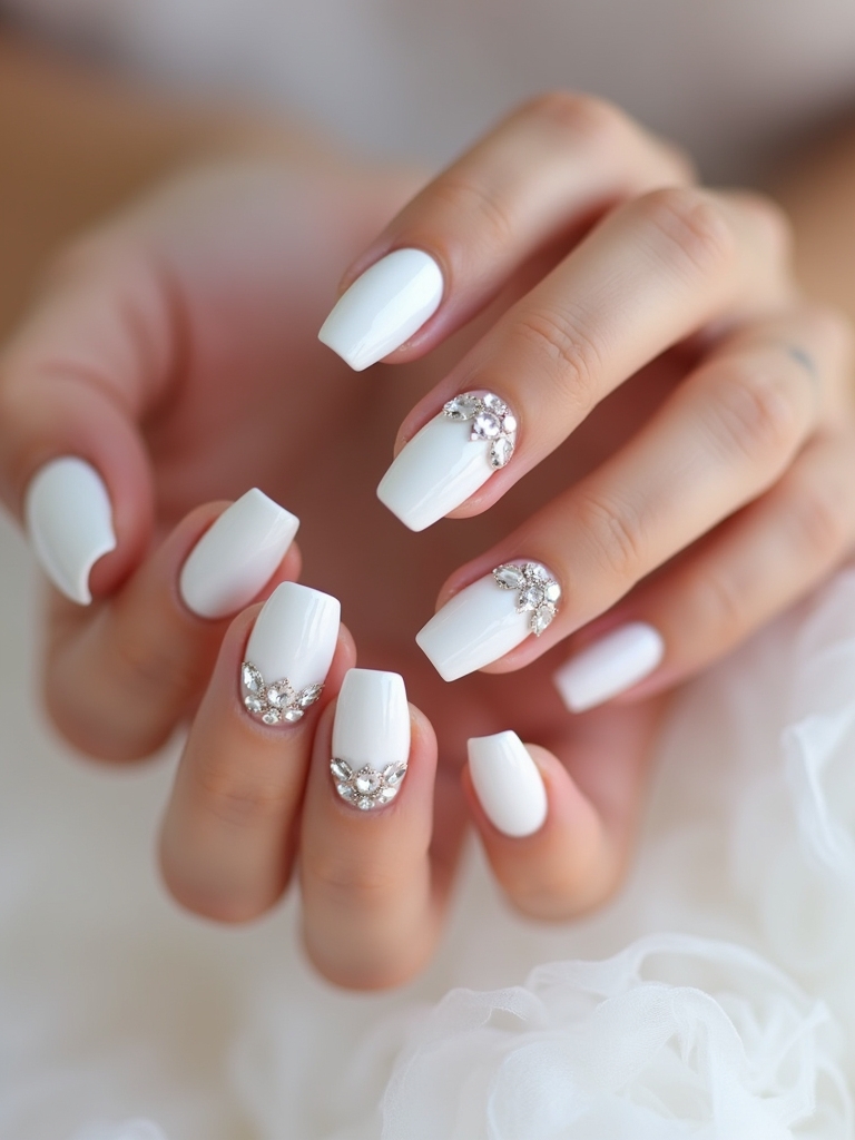 rhinestone milky white nails