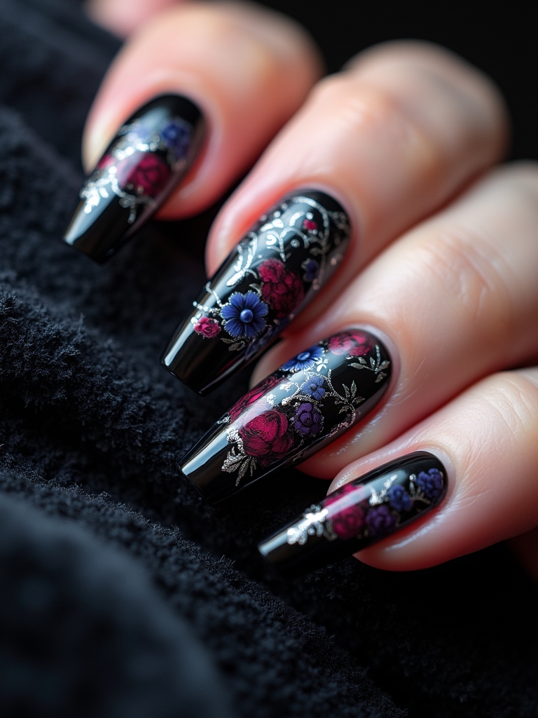 romantic dark floral nails