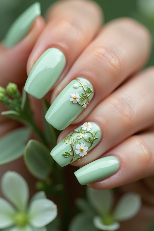 sage floral manicure tips