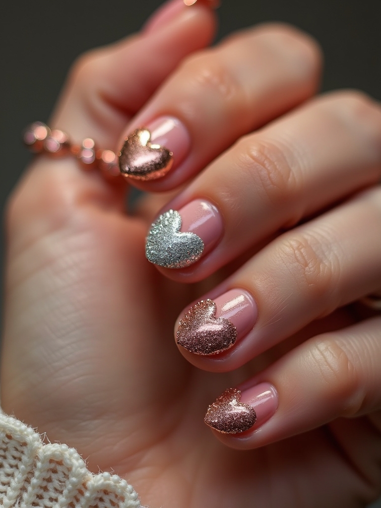 shimmering metallic heart nails