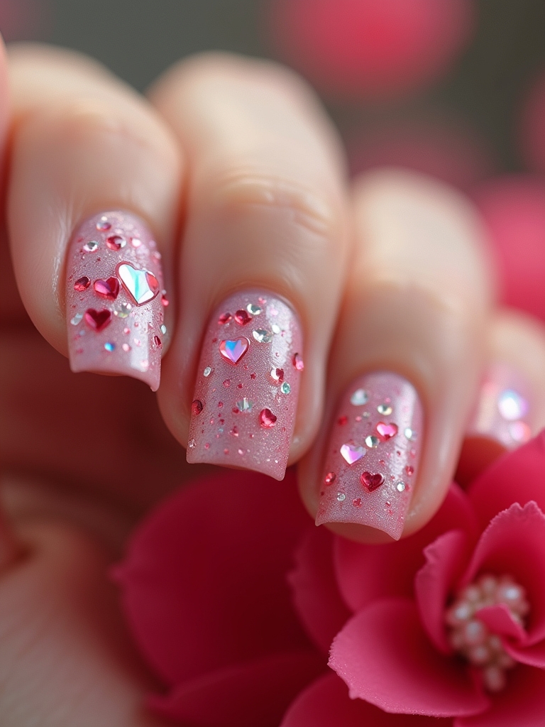 sparkling rhinestone heart nails