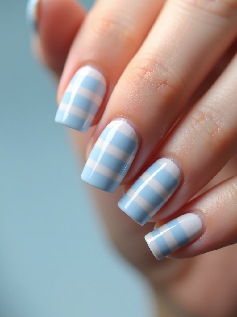 striped baby blue manicure