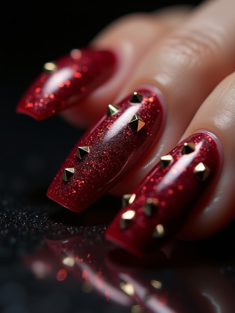 studded dark red nails
