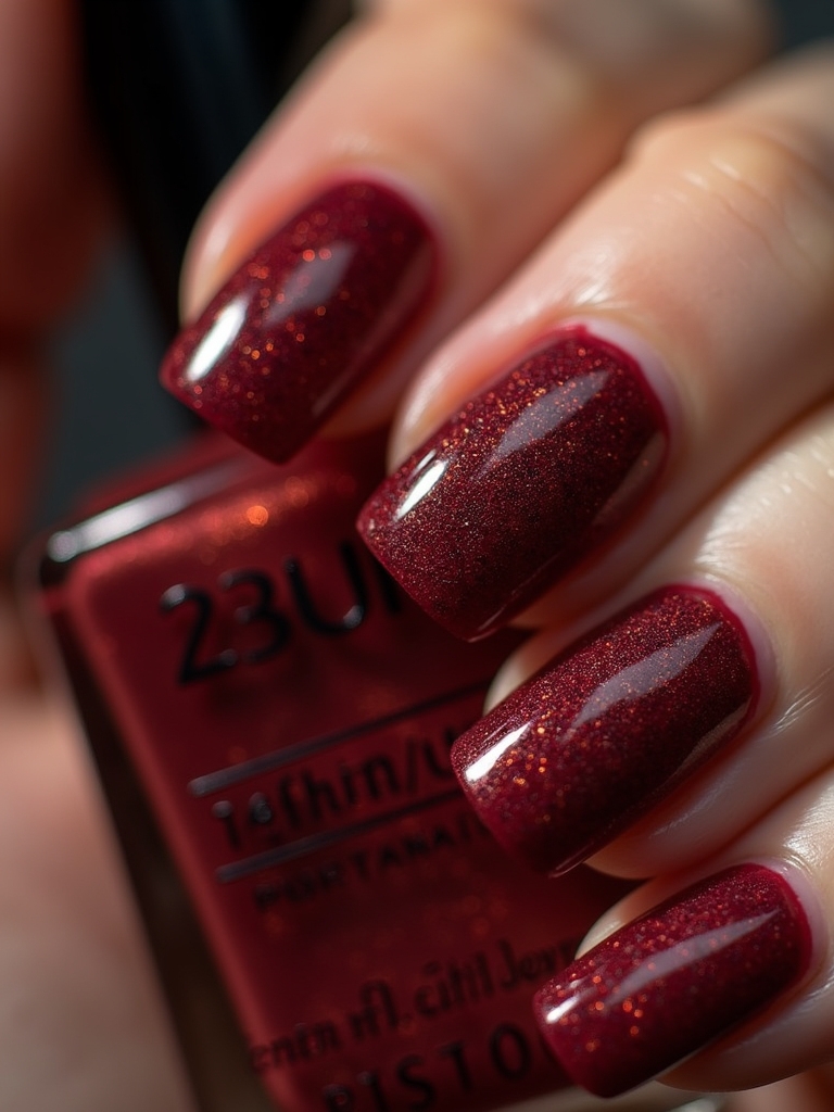 textured dark red nails
