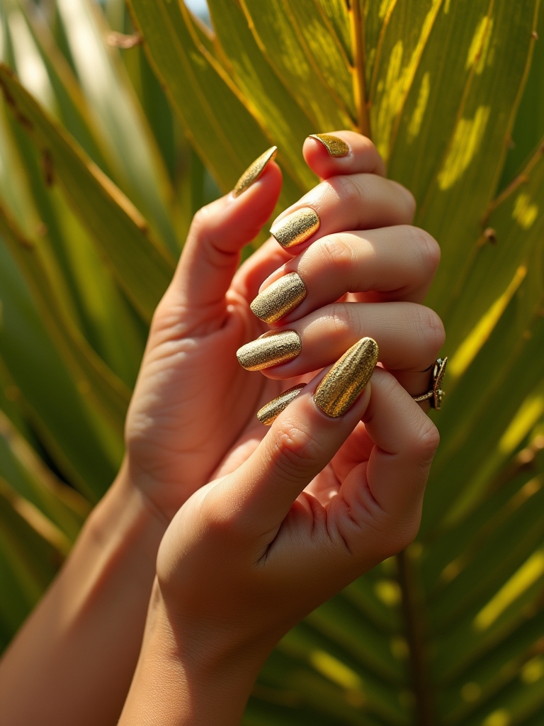 tropical gold palm nail art