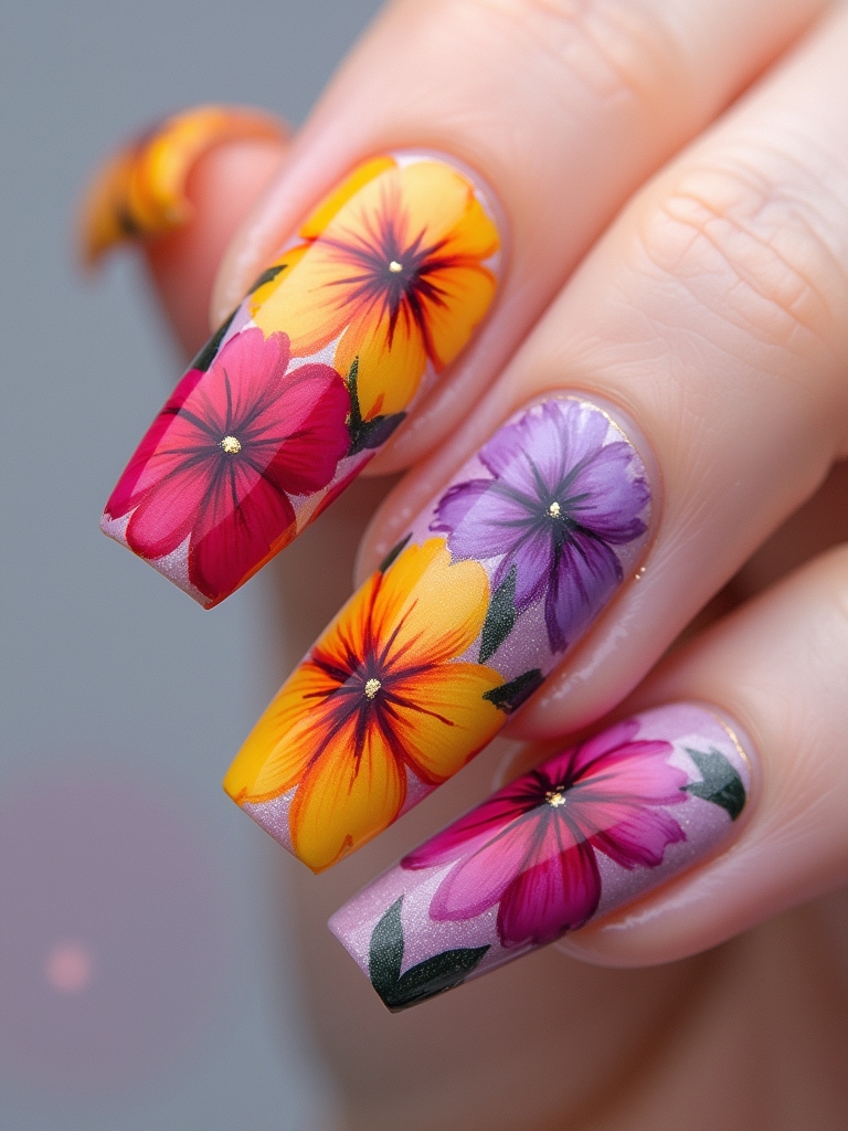 vibrant abstract floral nails