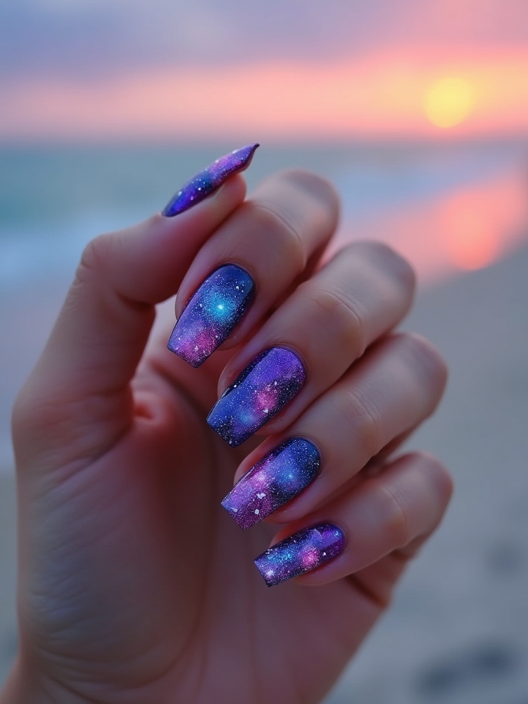vibrant cosmic galaxy nails