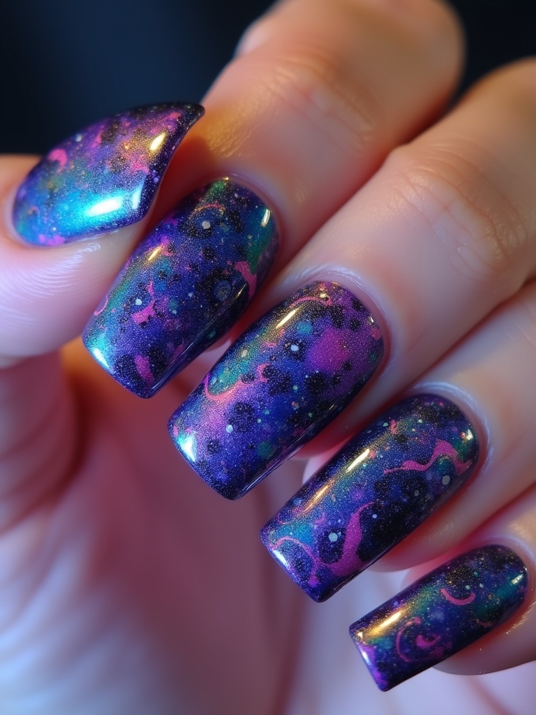 vibrant neon galaxy nails